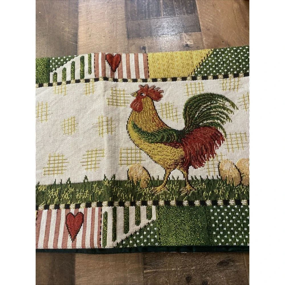 Vtg 90s Rooster Tapestry Table Runner Patchwork Hearts‎ Country Farmhouse Woven